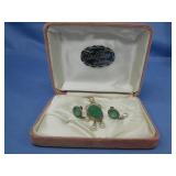 Vtg. Bal-Ron GF Green Stone Necklace & Earrings Se