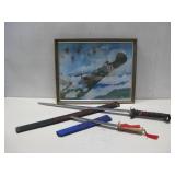 Two Japanese-Style Swords & Vtg Framed Fighter See