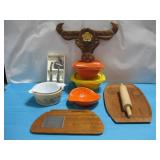 Wood Bull Inlay Wall Art, Two Vtg Plastic See Info