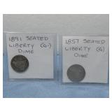 1857 & 1891 Seated Liberty Dimes 90% Silver