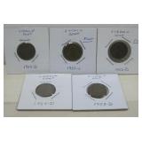 (5) Consecutive 1950-1954 Wheat Cents