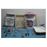 Assorted Painting Supplies & Bucket Of Sea Salt
