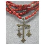 Multi Strand Red Beaded Cross Pendant Necklace