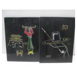 Vtg Black Lacquer Asian Theme Wall Art