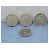 Three Liberty V Nickels & 5 Cent Shield Nickel