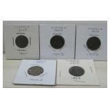 (5) Consecutive 1955-1959 Lincoln Cents