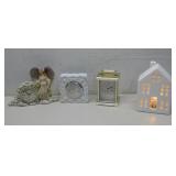 Light Up Ceramic House & Three Vtg Clocks See Info