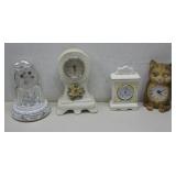 Three Vtg Ceramic Clocks & Resin Cat Clock See