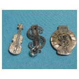 Dollar Sign Money Clips & Violin Broach