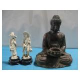 Two Plastic Vtg Style Figurines & Resin Buddha See