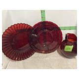 Red Glass Pitcher/ Serving Platters