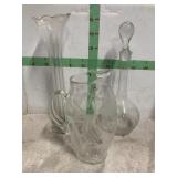 LARGE DECANTER AND CRYSTAL PITCHER