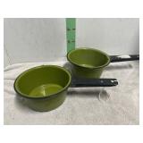 2 GREEN ENAMEL POTS