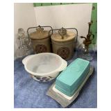 2 small cheese crocks & misc.