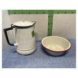 ENAMEL PAN AND COFFEE POT