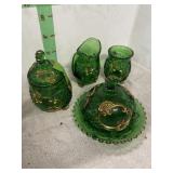 Green & Gold Creamer/Sugar, Butter & Spoon Dish