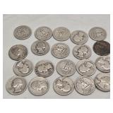 20-MIXED DATES WASHINGTON QUARTERS  90% SILVER