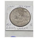 1921-MORGAN SILVER DOLLARS-S, FULL LIBERTY