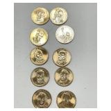 Ten $1.00 gold coins - misc. presidents
