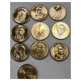 Ten $1.00 gold coins - misc presidents