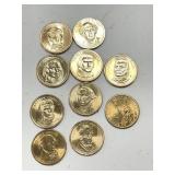 Ten $1.00 gold coins - misc. presidents