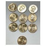 Ten $1.00 gold coins - misc. presidents