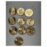 Ten $1.00 gold coins - misc presidents