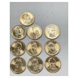 Ten $1.00 gold coins - misc. presidents