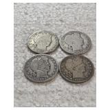 4-BARBER HALVES 90% SILVER