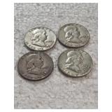 4-FRANNKLIN HALVES 90% SILVER