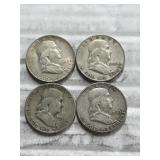 4-FRANKLIN HALVES 90% SILVER
