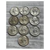 10-WASHINGTON QUARTERS 90% SILVER