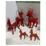 7 RED FLOCKED CHRISTMAS DEER