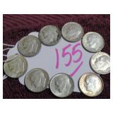 LOT OF 7 SILVER 1964-D, (1) 1964-P, GOOD