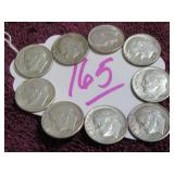LOT OF 9 1964-D SILVER ROOSEVELT DIME, CIRCULATED