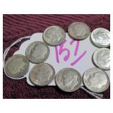 LOT OF 9 1961-D SILVER ROOSEVELT DIME, GOOD
