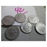 1953-D, 1957-P, (3) 1964-D SILVER US 10 - CENT