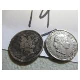 1940-D US DIME + (5) RAPPEN SWISS 1954-B