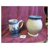 DELF BLUE STEIN & SIGNED POTTERY VASE