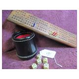 DICE BOX, CRIBBAGE BOARD, + DICE