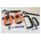 Clamps, Adjustable Wrench, (2) Tape Measures,
