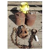 Milk Can, (2) Gas Cans, Pulley, Chain