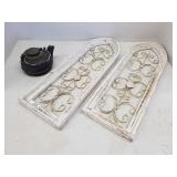 (2) Decorative Wall Art & Cast Iron Teapot