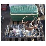 Igloo Cooler, Tent, Pad, 3-Burner Stove