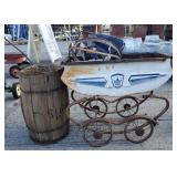 Vintage Baby Carriage & Wood Barrel