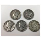 (5) 90% silver US mercury dimes
