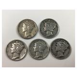(5) 90% silver US mercury dimes