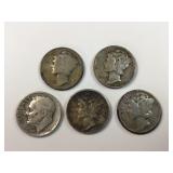 (5) 90% silver US ( 4 mercury 1Roosevelt)  dimes