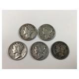 (5) 90% silver US mercury dimes