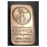 1 oz .999 copper bar Saint Gauden design